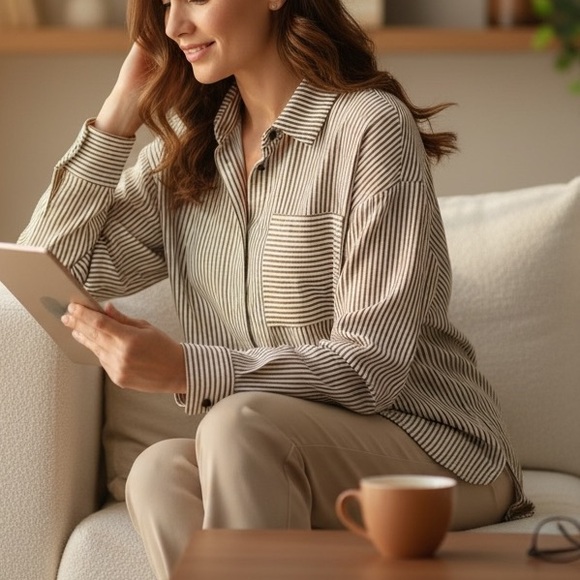 ADAY Tops - ADAY‎ Something Striped Brown White Flowy Button Down High Low Shirt